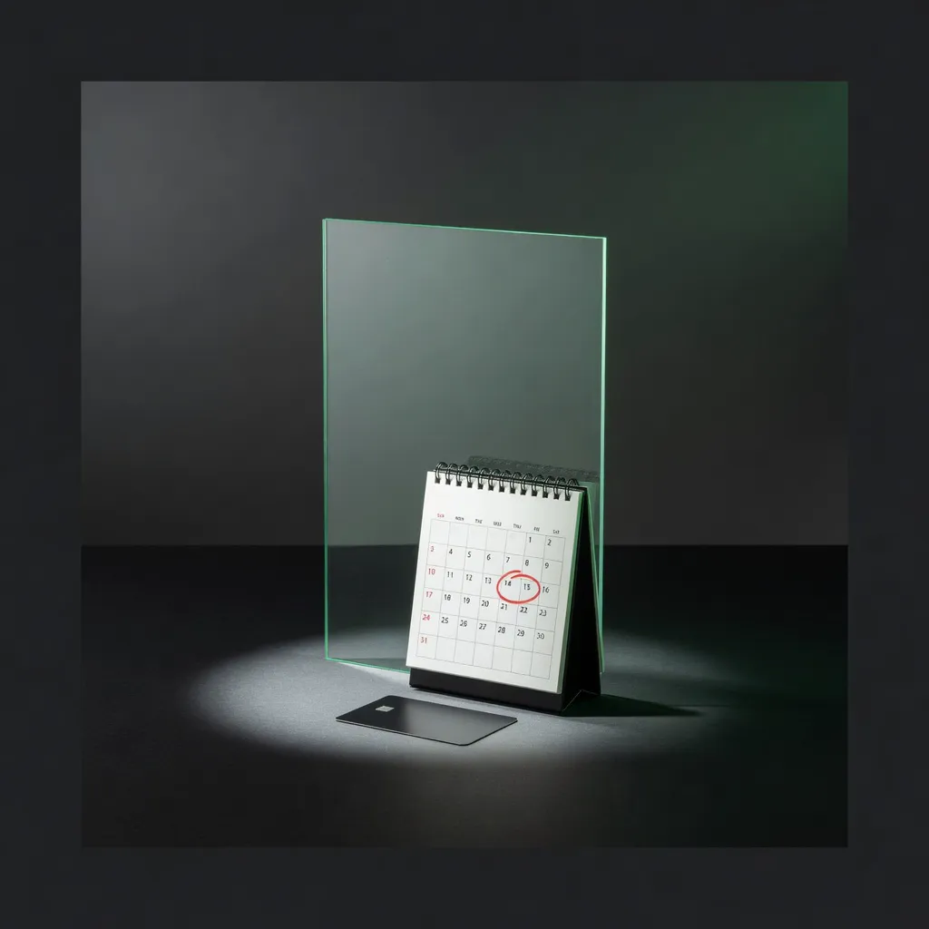 Lámina de cristal, un calendario de mesa y una tarjeta de pago