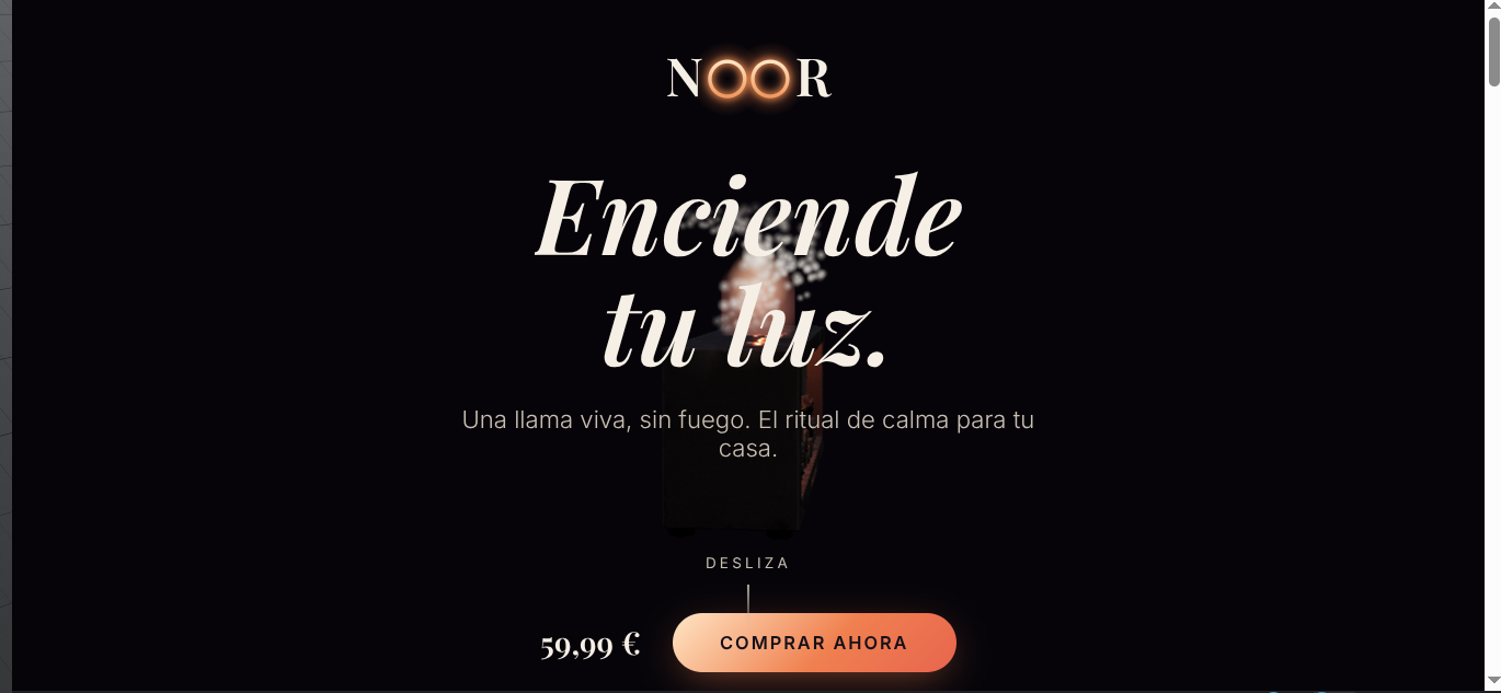 Captura de la web del proyecto Noor: landing 3D de un difusor de aroma con llama LED renderizado en tiempo real.