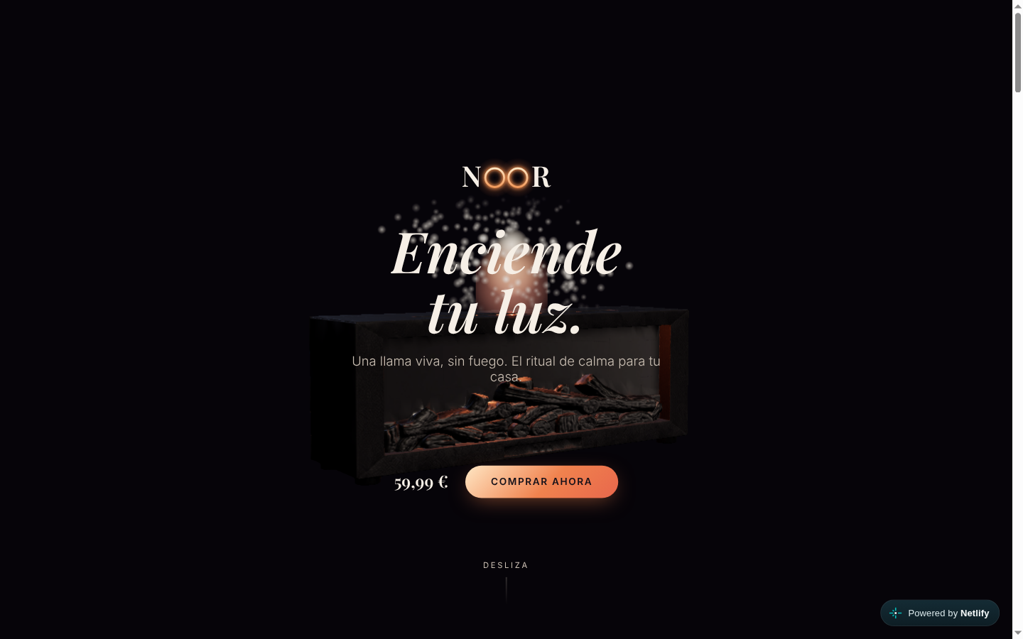 Hero de Noor: difusor 3D girando con llama LED encendida, renderizado en tiempo real con Three.js
