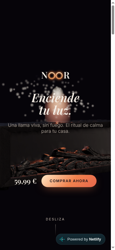 Hero de Noor visto en móvil, con el difusor 3D visible y activo