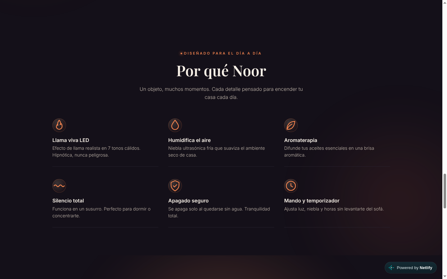 Sección "Por qué Noor" con los beneficios del difusor: llama viva, humidificación, aromaterapia, silencio, apagado seguro y mando